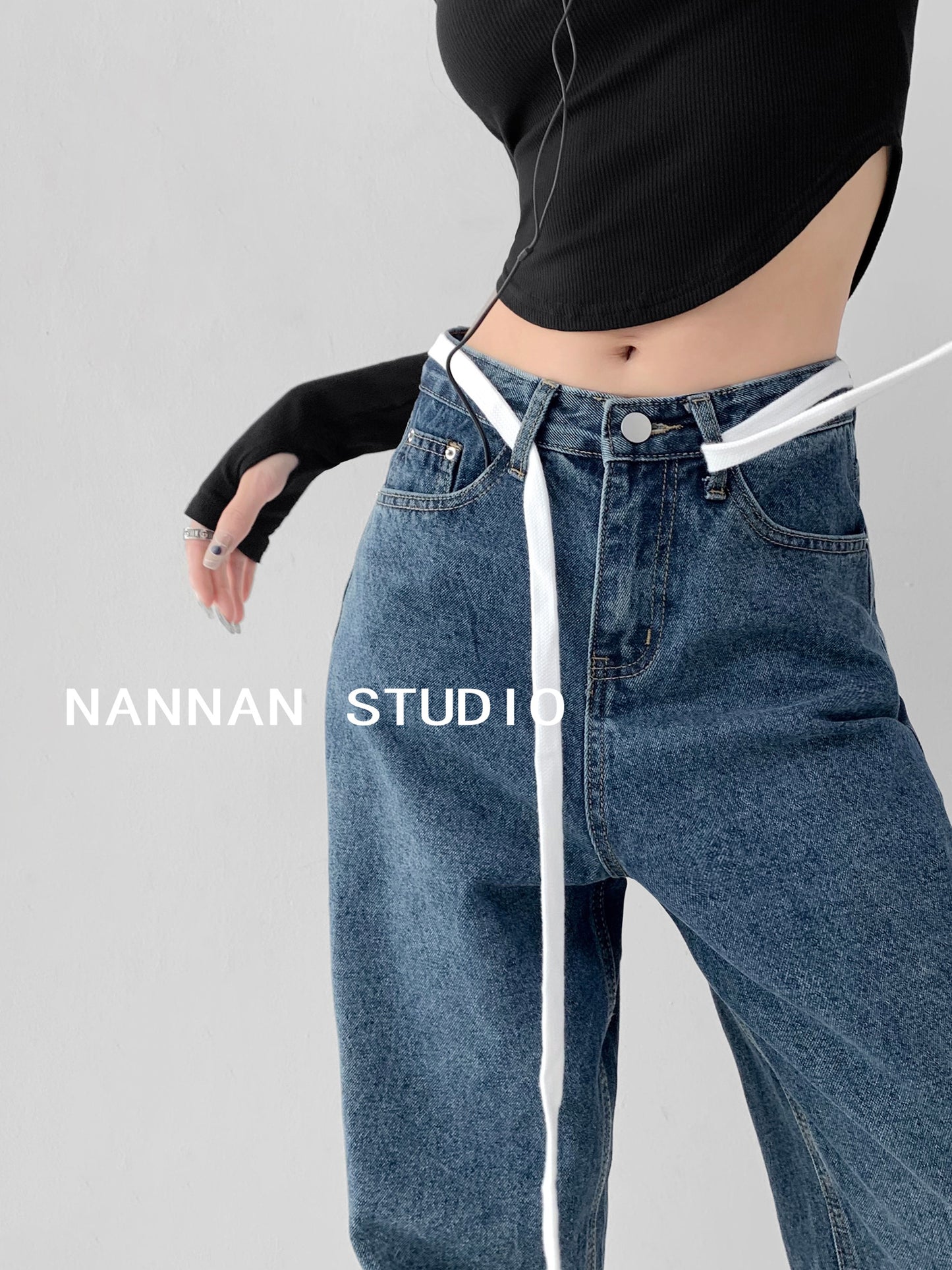 American-style printed letters drape wide-leg jeans women's retro loose slim strap high waist straight mopping pants trendy