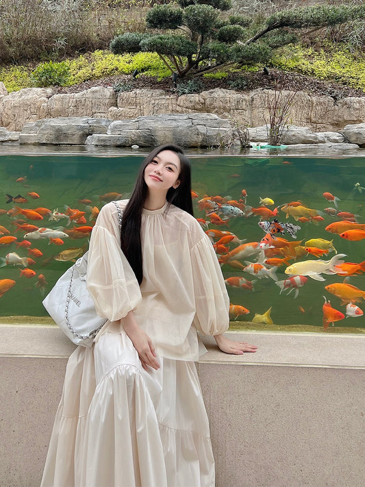 FPOH white gentle wind lady milk fufu skirt female summer small fresh fairy skirt super fairy forest long skirt+ FPOH Gentle Chic Beautiful Small Shirt Lantern Sleeve Shirt Female Design Sense Niche Fairy Top Super Fairy Sweet