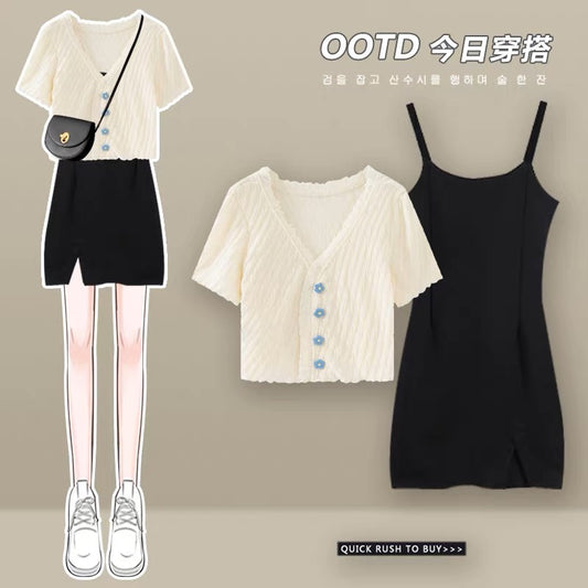 Jiangnan travel suit women's small fresh dress temperament two-piece suit small man slightly fat and thin suspender skirt