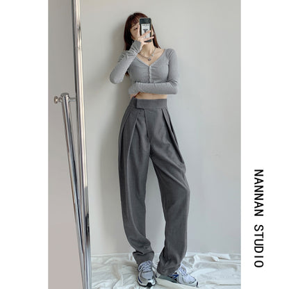 Spring and Autumn Velcro Draping Suit Pants Design Pressed Pleated Loose Straight Mopping Trousers Casual Wide-leg Pants Women