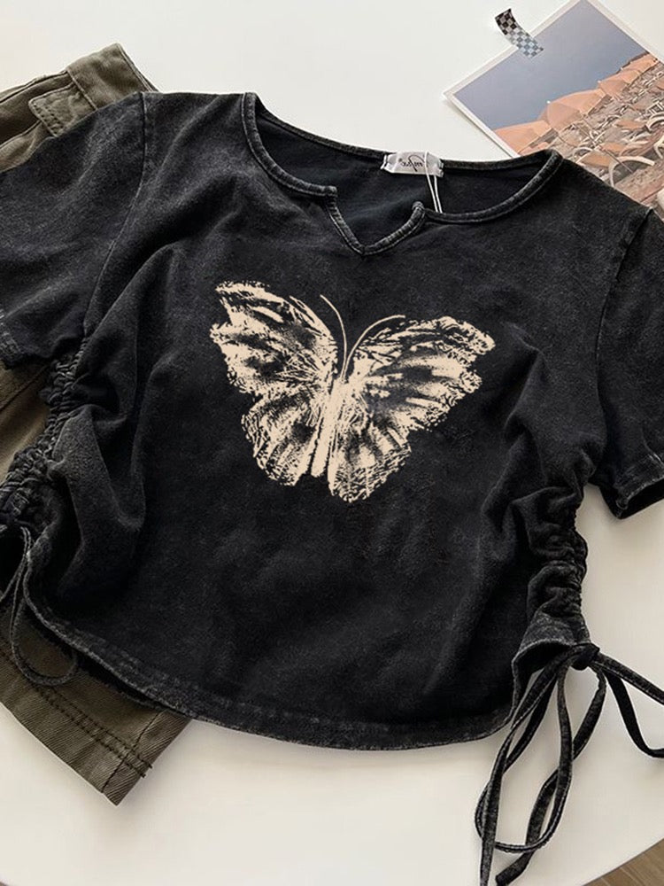 American retro washed old short-sleeved tide brand t-shirt women's summer 2023 new loose Hong Kong style chic top ins