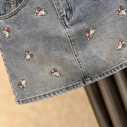 2023 New Rabbit Embroidery Denim Skirt Women's Summer All-match Age-Reducing Cotton High Waist A-line Bag Hip Skirt