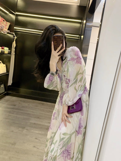 Leathercat dress female 2023 new French sweet temperament small waist slim floral dress