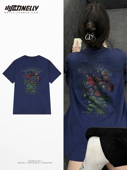 Dark rose print short-sleeved t-shirt male couple tide brand high street three-quarter sleeves summer American high-end clothes