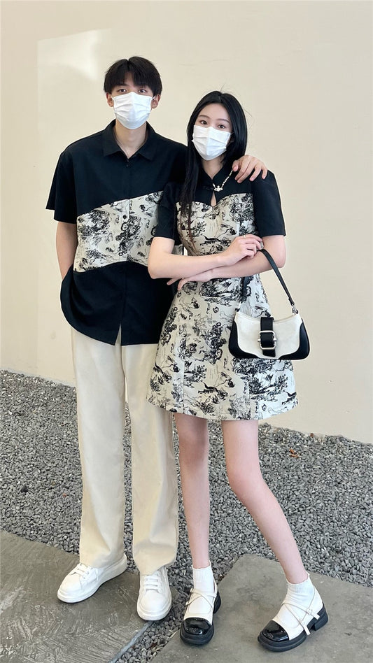 Niche design sense couple outfit summer Korean version short-sleeved shirt women's cheongsam dress French one skirt one national trend
