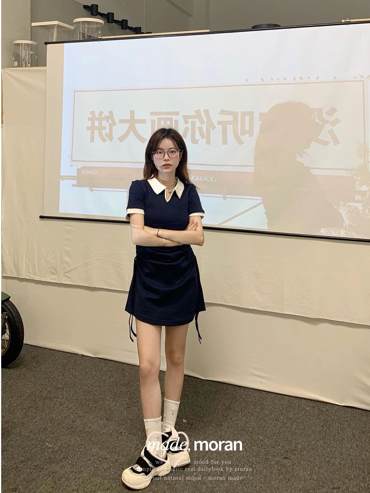 American retro college style contrasting color polo collar short skirt sweet and spicy salt series small dress waist slimming summer