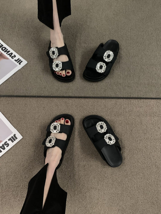 Thick-soled niche black rhinestone slippers women's shoes 2023 new summer outer wear evening wind holiday sandals sandals