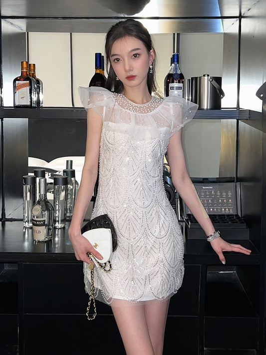 White high-end hollow designer dress summer slim fit hip sleeveless beautiful lace dress skirt