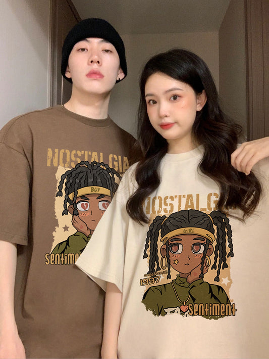 Special couple outfit summer short-sleeved t-shirt 2023 new trend brand clothes high-end sense different suit men