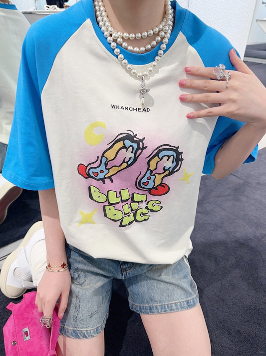 Thebestxue Korean version of white and blue stitching graffiti plug-in short-sleeved t-shirt female 2023 summer new top tide