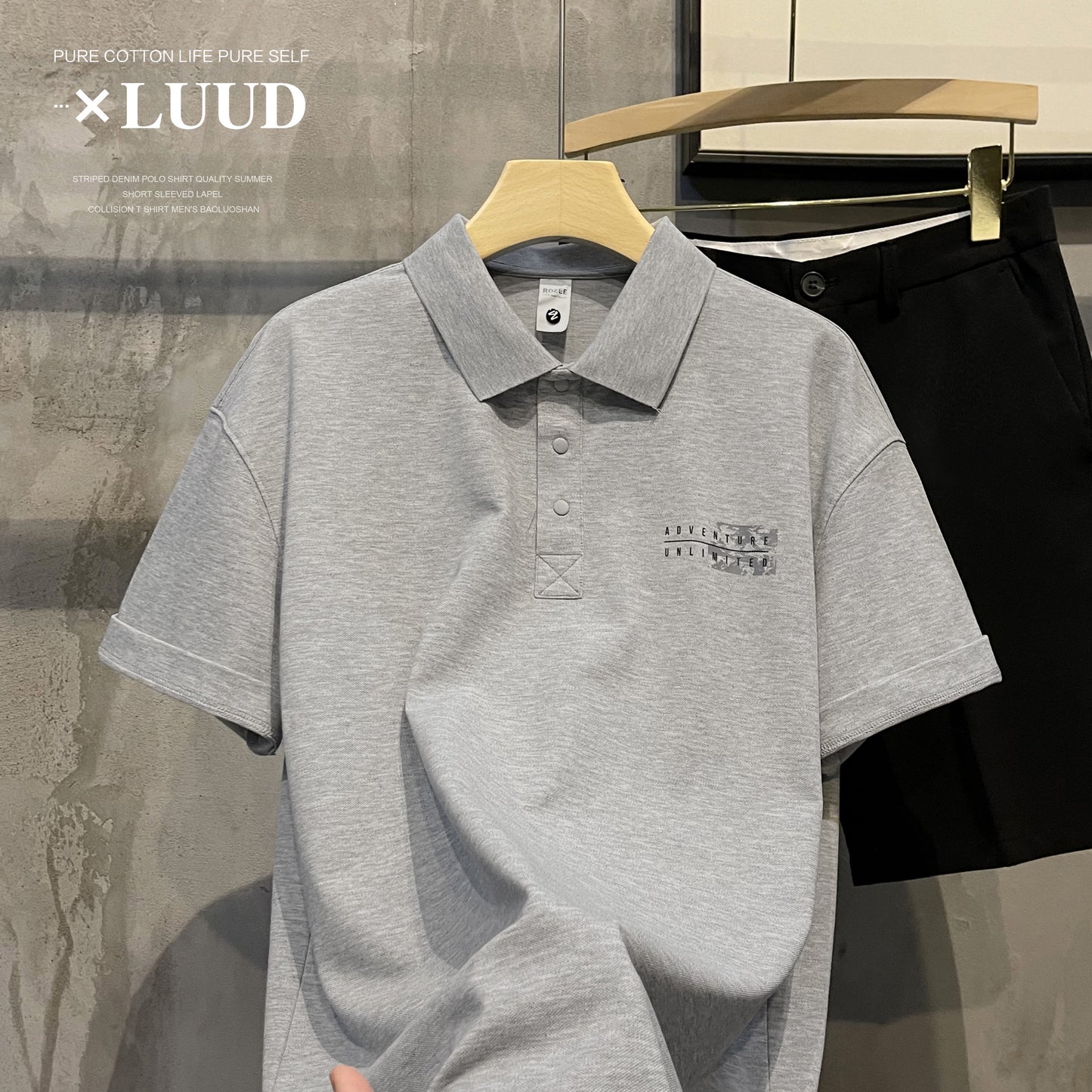 LUUD Trend Simple Coconut Leaf Print Loose Paul Shirt British Style Piqué Cotton Lapel POLO Shirt Men