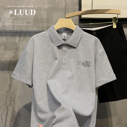 LUUD Trend Simple Coconut Leaf Print Loose Paul Shirt British Style Piqué Cotton Lapel POLO Shirt Men
