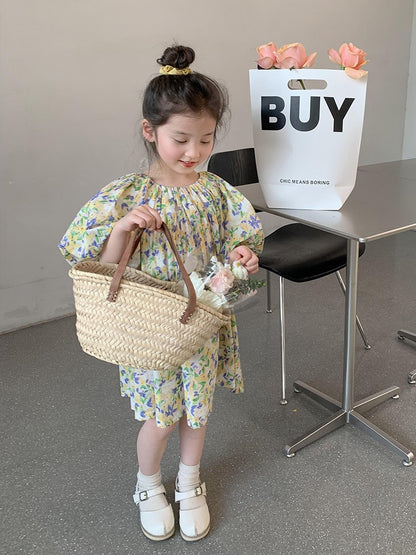 Girls floral dress summer dress 2023 new foreign style lady middle and small children's short-sleeved skirt children's princess dress summer