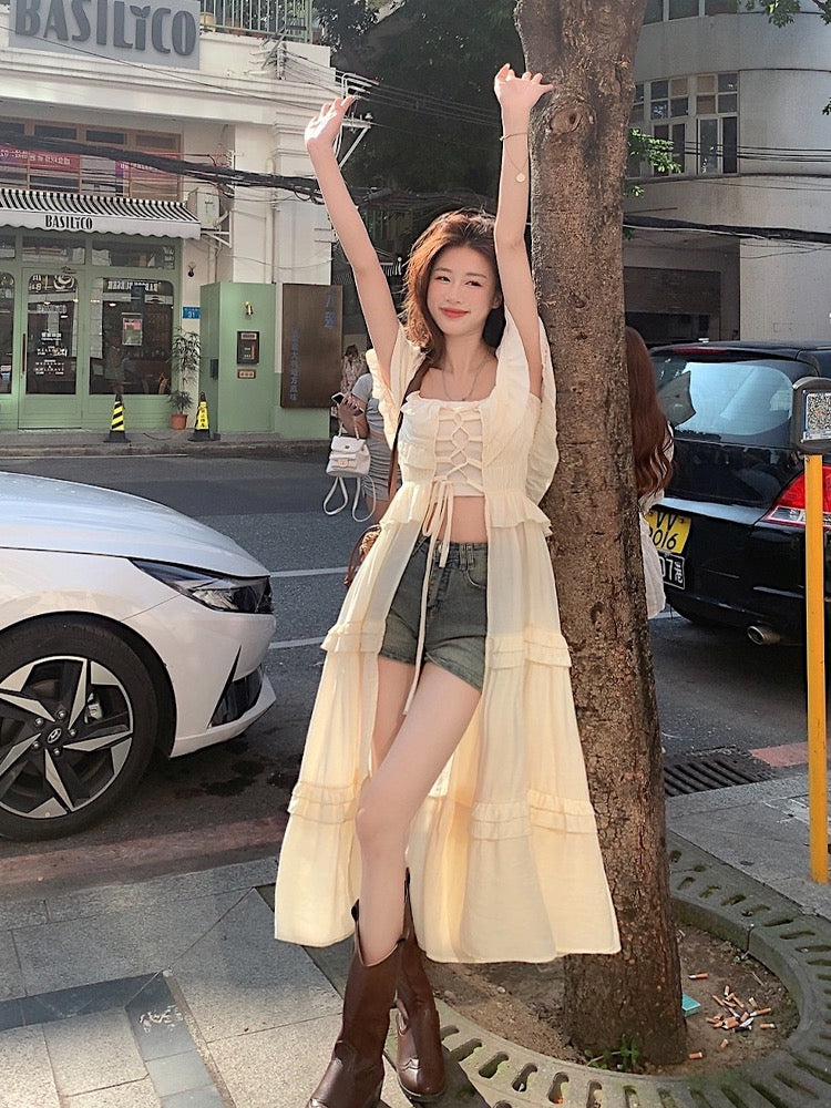 Holiday style sunscreen tie square collar one shoulder dress women's summer design sense splicing loose long skirt