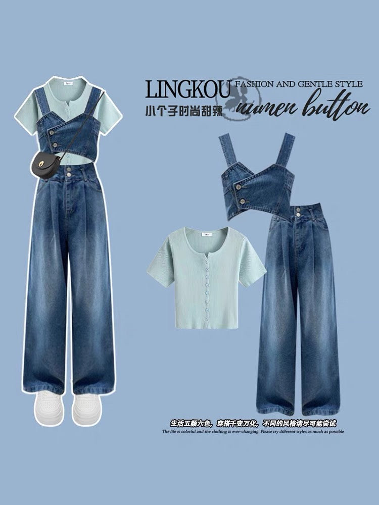 Small summer casual suit women's new Hong Kong style sweet and spicy chic jacket jeans lively age-reducing three-piece suit