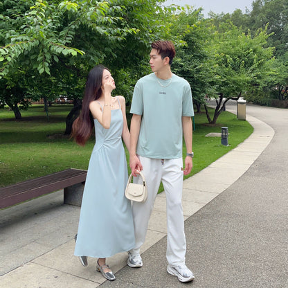 High-end couple wear summer clothes niche ins short-sleeved T-shirt women's suspenders chiffon dress two-piece suit one skirt and one suit