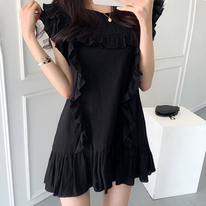 Korean chic summer French temperament round neck stitching ruffles loose flying sleeves small dress skirt