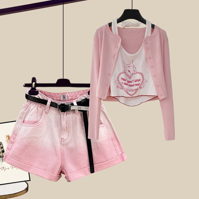Pure and sweet suits early spring and summer outfits for small people wearing hot girls vest cardigan denim shorts three-piece spring