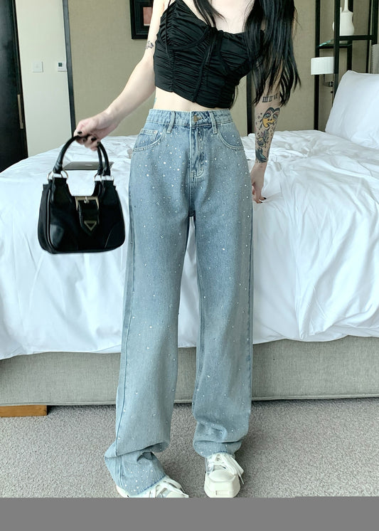 Kumikumi washed old retro stickers diamond jeans women's summer high waist straight wide leg pants mopping long pants
