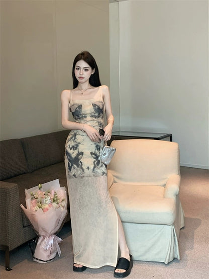 French sexy butterfly tie-dye suspender dress female summer temperament slim slit bag hip long skirt hot girl skirt
