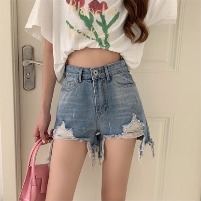 Niche jeans women's summer hot girls high waist hot pants design raw edge blue shorts loose wide leg pants trendy