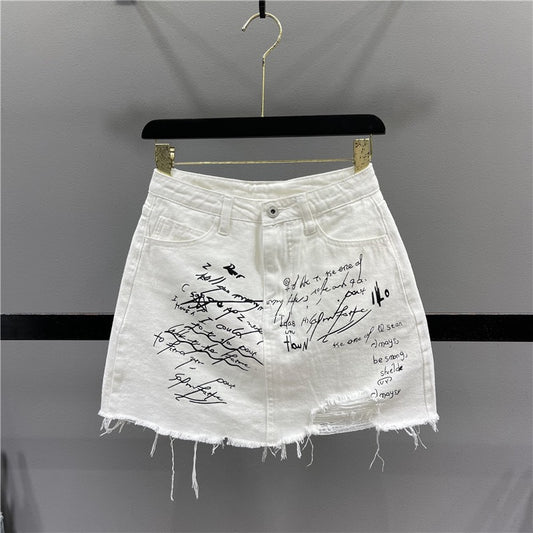 White Graffiti Printed Denim Skirt Female 2023 Summer High Waist Slim A-line Ripped Hole Raw Edge Package Hip Skirt