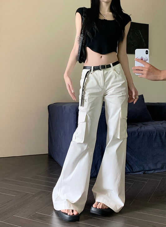 American retro white overalls casual pants women's summer loose micro flared trousers straight leg slim mopping pants