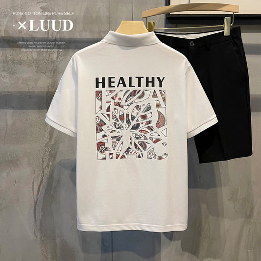 LUUD summer trendy brand back letter printing POLO shirt men's casual lapel mesh pearl cotton short-sleeved top