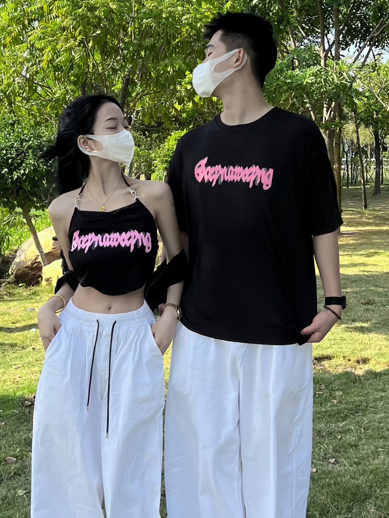 Couple outfit design sense niche pure desire wind suspender short sleeve Korean version one long and one short ins super hot top printing tide