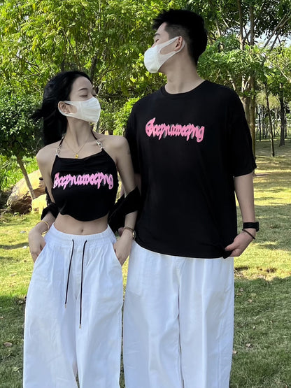Couple outfit design sense niche pure desire wind suspender short sleeve Korean version one long and one short ins super hot top printing tide