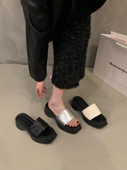 Sponge cake thick bottom stepping on shit feeling word slippers women's shoes outside wear 2023 new summer casual heightening sandals sandals