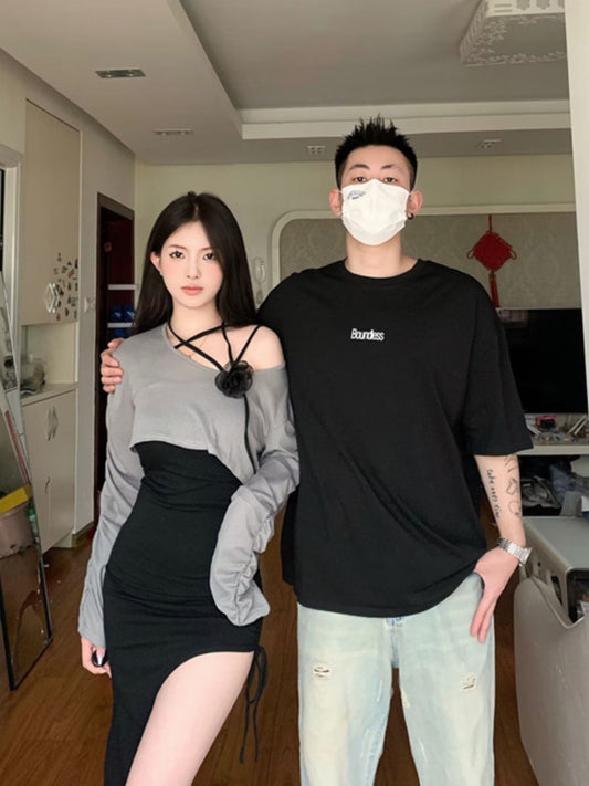 Niche design sense couple outfit summer Korean short-sleeved T-shirt men and women two-piece suit French one skirt one clothes ins trendy brand