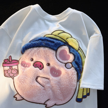 JWNEED piggy couples who love to drink pearl milk tea loose short-sleeved T-shirts for men and women summer ins sweet college style