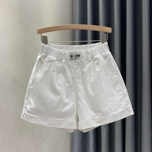 Korean version of white casual denim shorts women's summer new elastic waist loose slim a-line wide-leg pants student pants