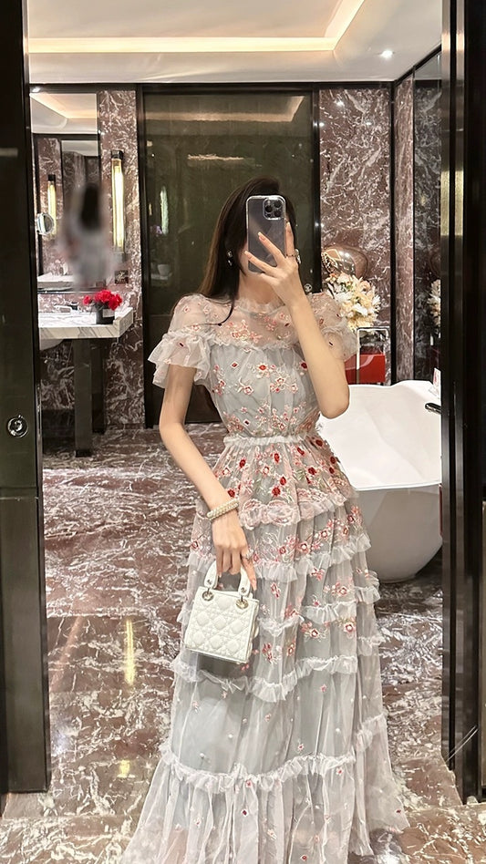 BETTER LS Women's Wear 2023 New High-End Temperament Heavy Industry Embroidered Mesh Dress Waist Cake Dress