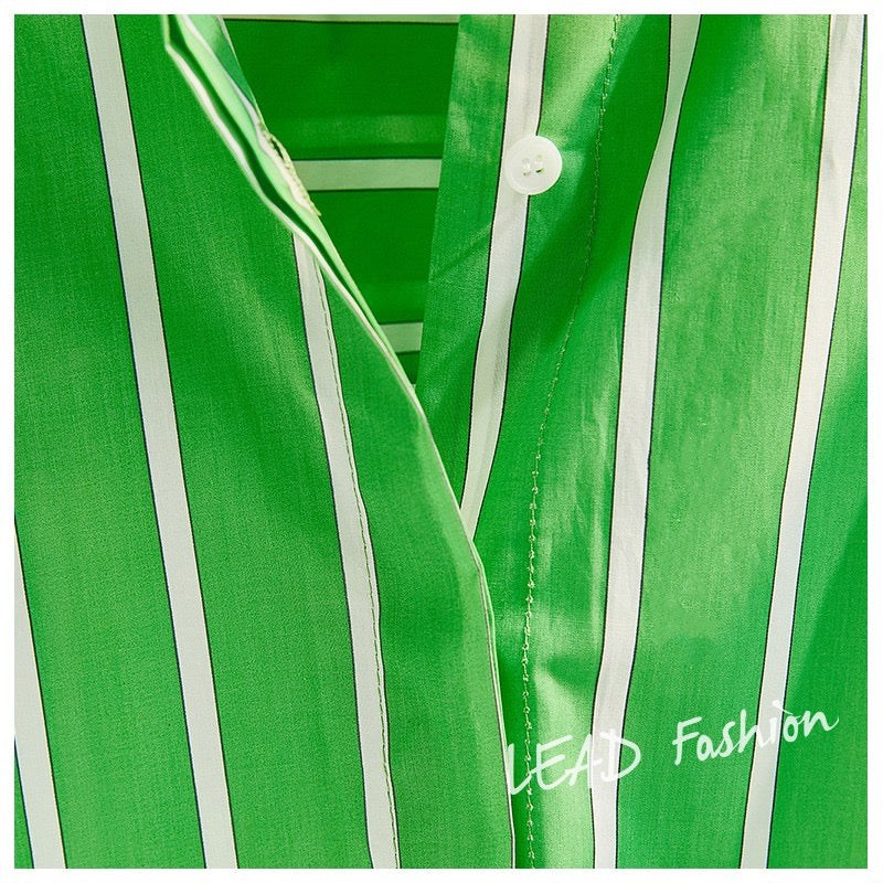 Avocado green vertical striped mid-length shirt women's 2023 summer new Korean style lantern sleeve loose casual shirt