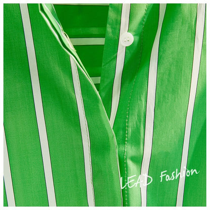 Avocado green vertical striped mid-length shirt women's 2023 summer new Korean style lantern sleeve loose casual shirt