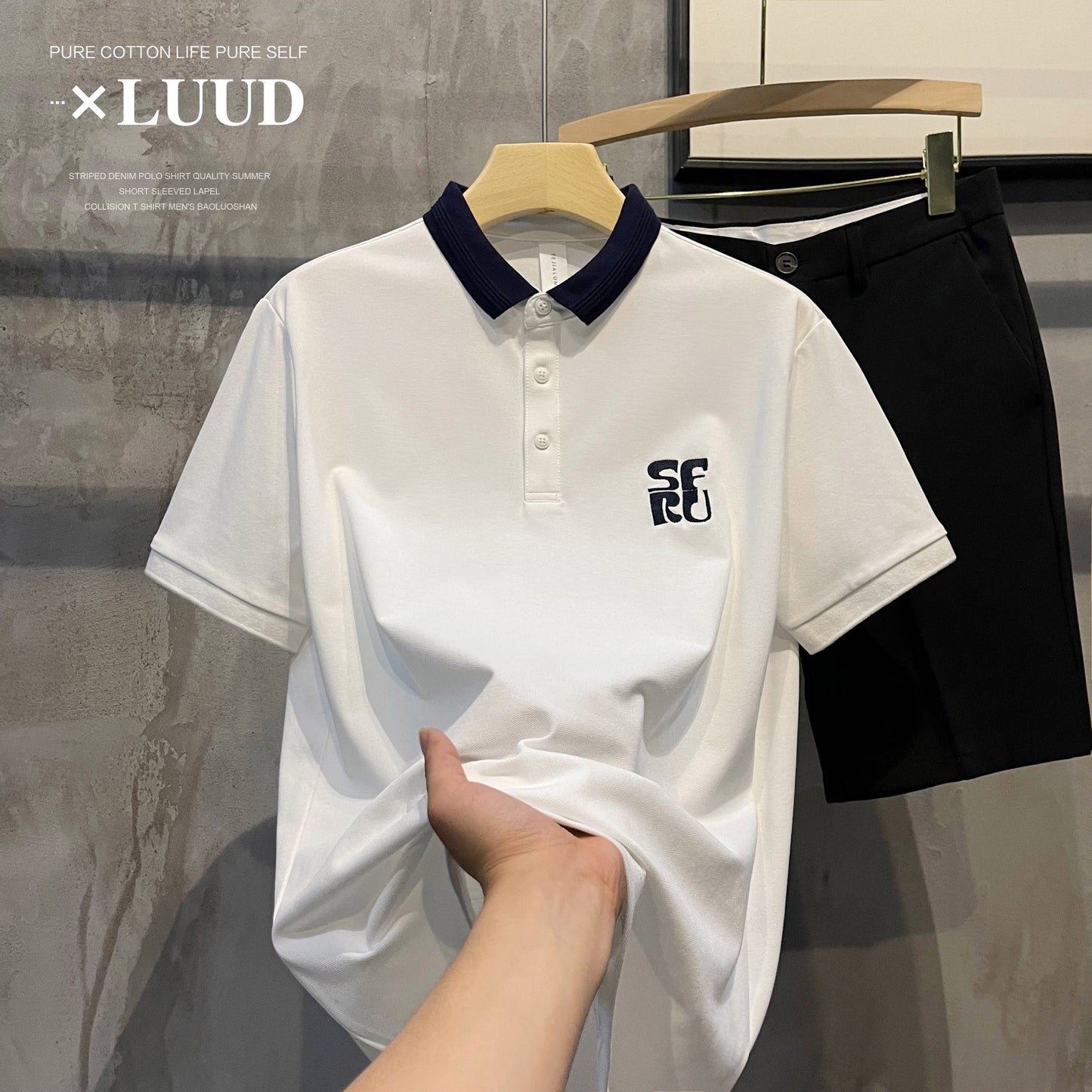 LUUD Contrasting Color Lapel Creative Embroidery Design Men's Polo Shirt Korean Style Light Luxury Breathable Slim POLO Shirt Summer