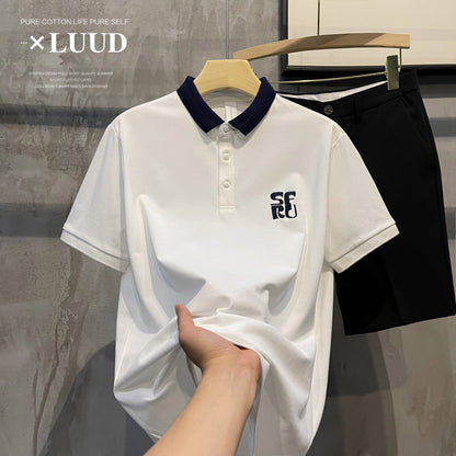 LUUD Contrasting Color Lapel Creative Embroidery Design Men's Polo Shirt Korean Style Light Luxury Breathable Slim POLO Shirt Summer