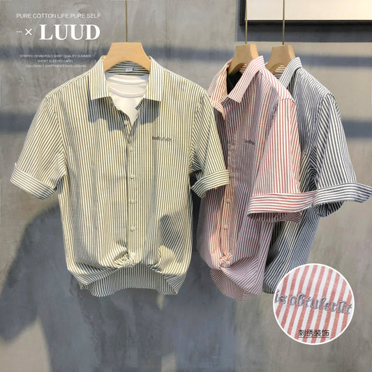 LUUD Original Light Luxury Casual Striped Shirt Trendy Men's Simple Versatile Lapel Inch Clothes Mid-Sleeve Embroidered Shirt Summer