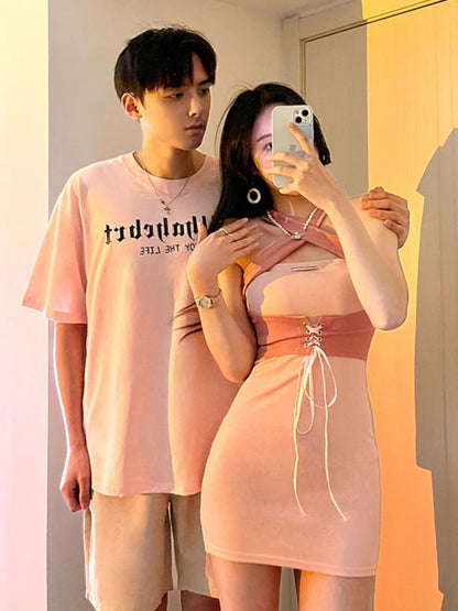 Couple wear summer clothes niche design sense ins short-sleeved T-shirt female cross suspender bag hip dress one skirt one clothes tide