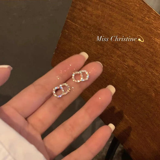Zircon Alphabet CD Earrings Women's Niche Design Sense of Advanced Light Luxury Temperament Internet Celebrity Stud Earrings No Pierced Ear Clips