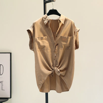 Tencel cotton double pocket small flying sleeve shirt women 2022 summer new Korean version loose casual thin shirt top tide