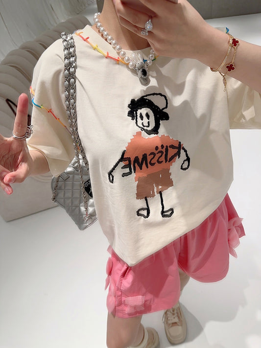 Thebestxue Korean version of the loose beige hand-made bright line design small and all-match short-sleeved T-shirt women's top