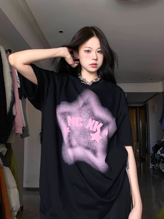 BabyStudios new gradient T-shirt half-sleeve women's American street loose short-sleeved summer retro round neck half-sleeve