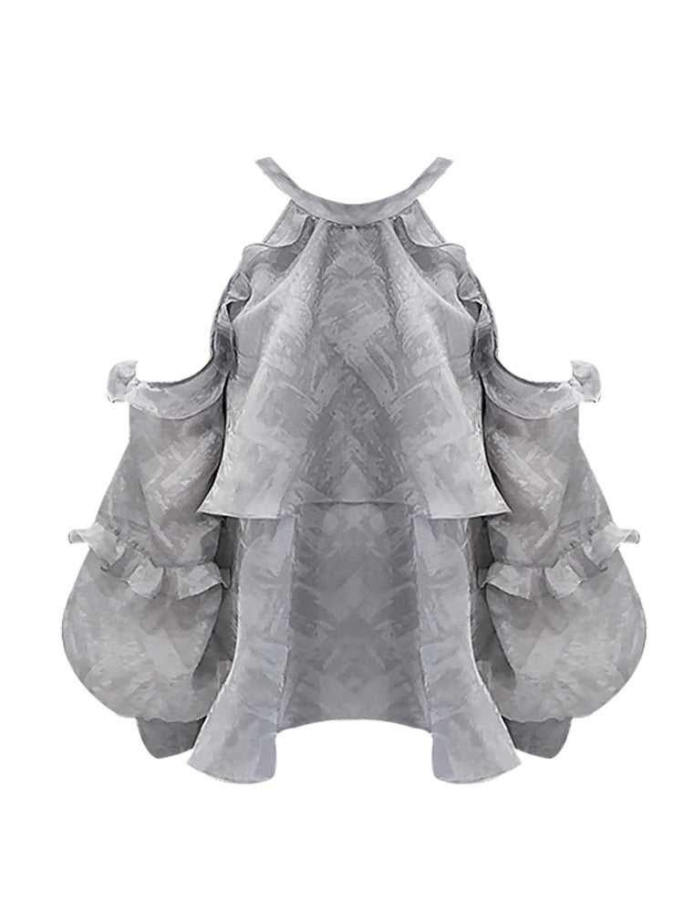 Temperament fairy wood ear strapless gray shirt summer new niche design sense French tea chic top