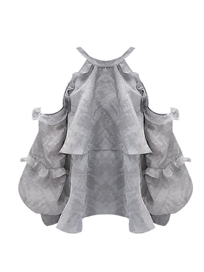 Temperament fairy wood ear strapless gray shirt summer new niche design sense French tea chic top