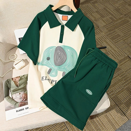 Pure cotton contrasting color polo collar short-sleeved casual fashion age-reducing suit women's summer fried street sports wide-leg pants two-piece set