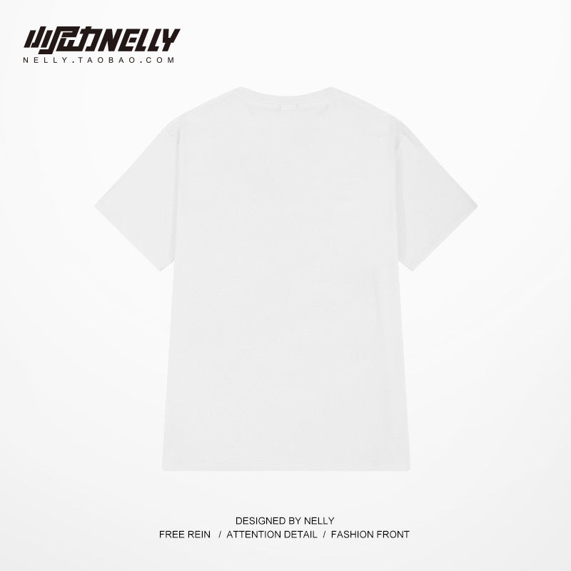 Ins tops for men and women 2023 new Korean version of cartoon printing loose T-shirt mid-length casual short-sleeved T-shirt half-sleeved