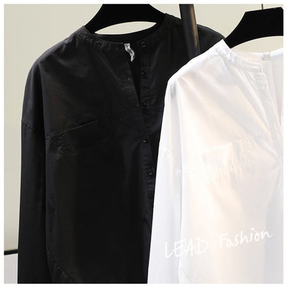Round neck white long-sleeved shirt women 2023 spring new quality loose casual shirt roll sleeve top cardigan tide